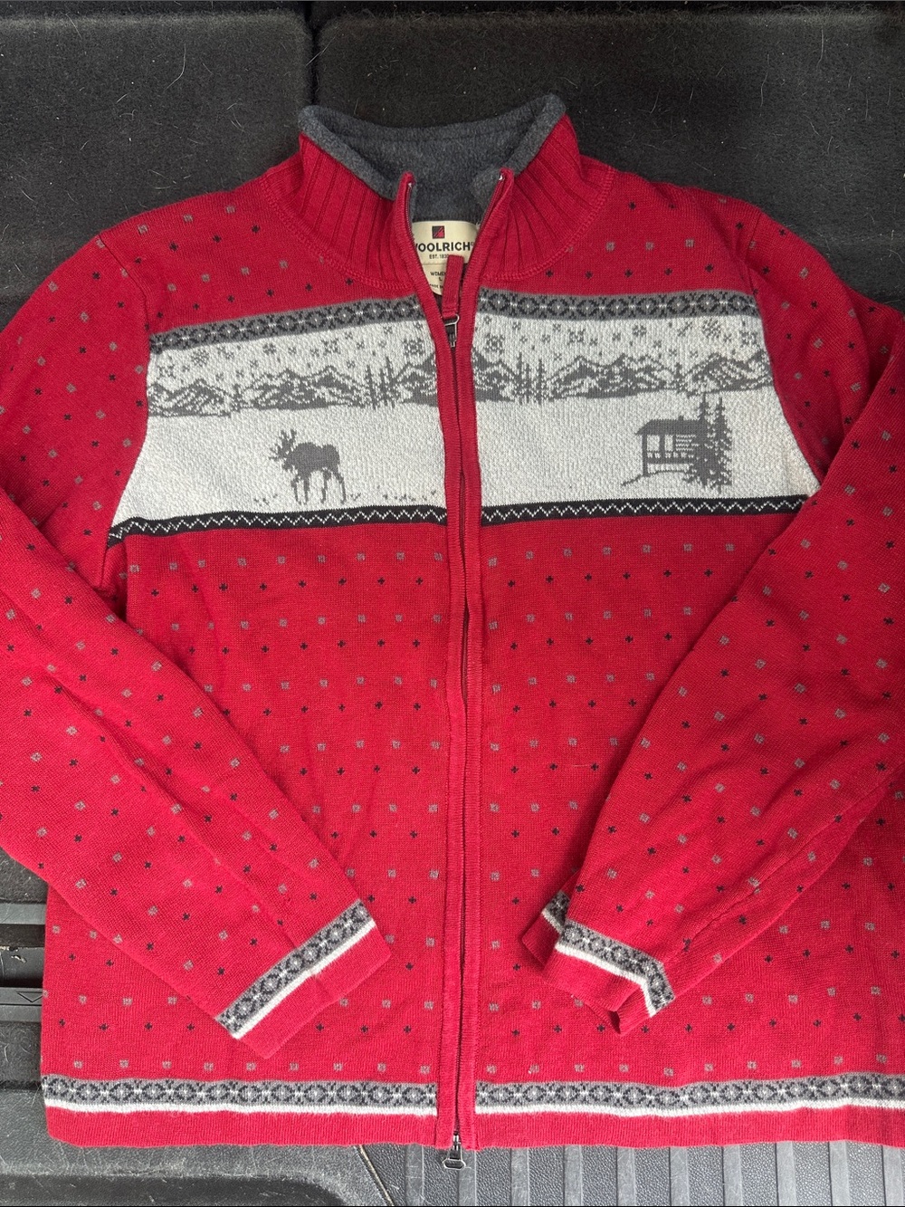 Woolrich Red and Gray Nordic Moose Zip Cardigan